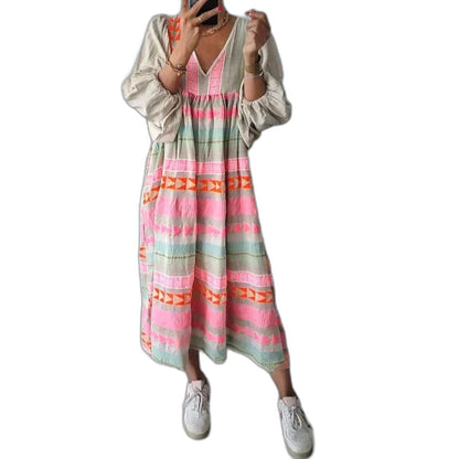 Effortless Striped Maxi Dress for Women with V Neck Long Sleeve Tiered Flowing Casual Style