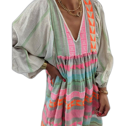 Effortless Striped Maxi Dress for Women with V Neck Long Sleeve Tiered Flowing Casual Style