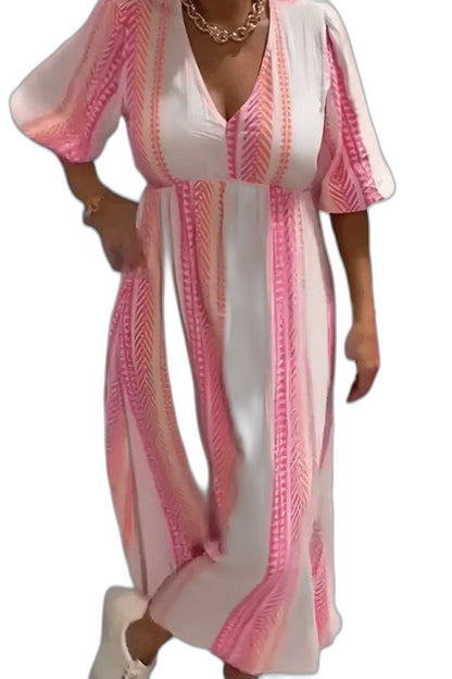 Effortless Striped Maxi Dress for Women with V Neck Short Sleeve Flowing Casual Style