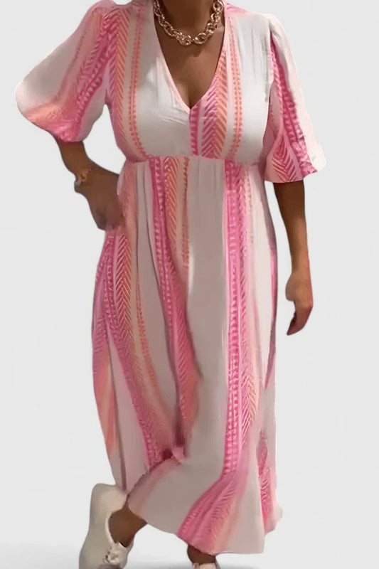 Effortless Striped Maxi Dress for Women with V Neck Short Sleeve Flowing Casual Style