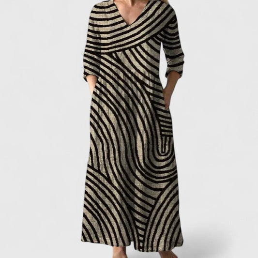 Effortless Striped Maxi Dress for Women with V Neck Short Sleeve Flowing Pockets Casual Style