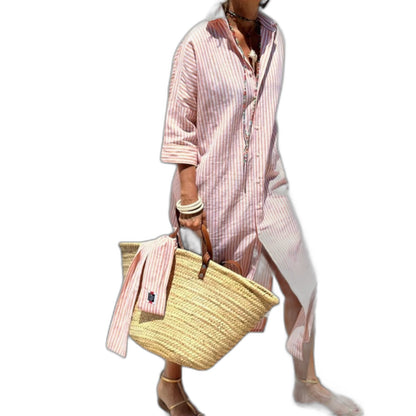 Effortless Striped Midi Dress for Women with Collared Long Sleeve Button Front Flowing Casual Style