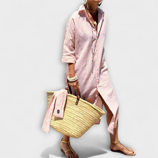 Effortless Striped Midi Dress for Women with Collared Long Sleeve Button Front Flowing Casual Style