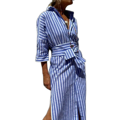 Effortless Striped Midi Dress for Women with Collared Long Sleeve Button Front Flowing Casual Style
