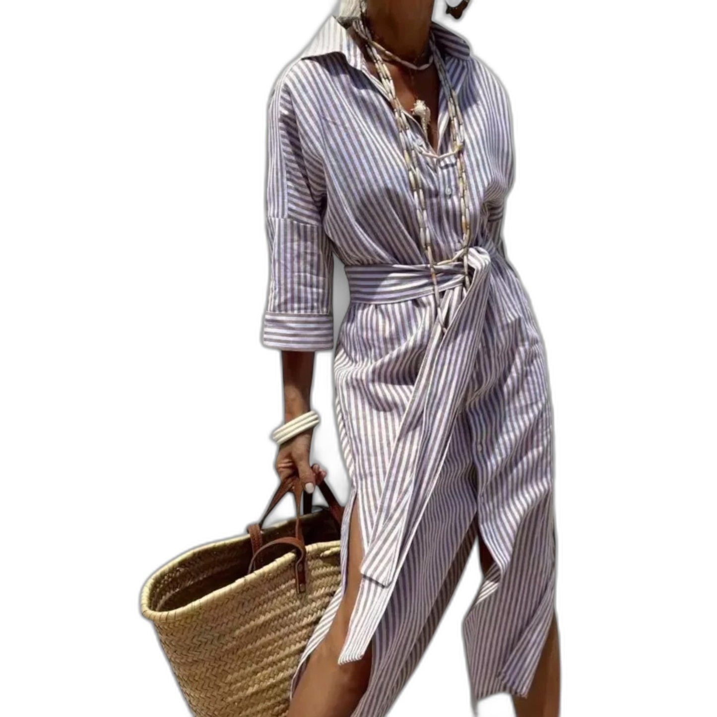 Effortless Striped Midi Dress for Women with Collared Long Sleeve Button Front Flowing Casual Style
