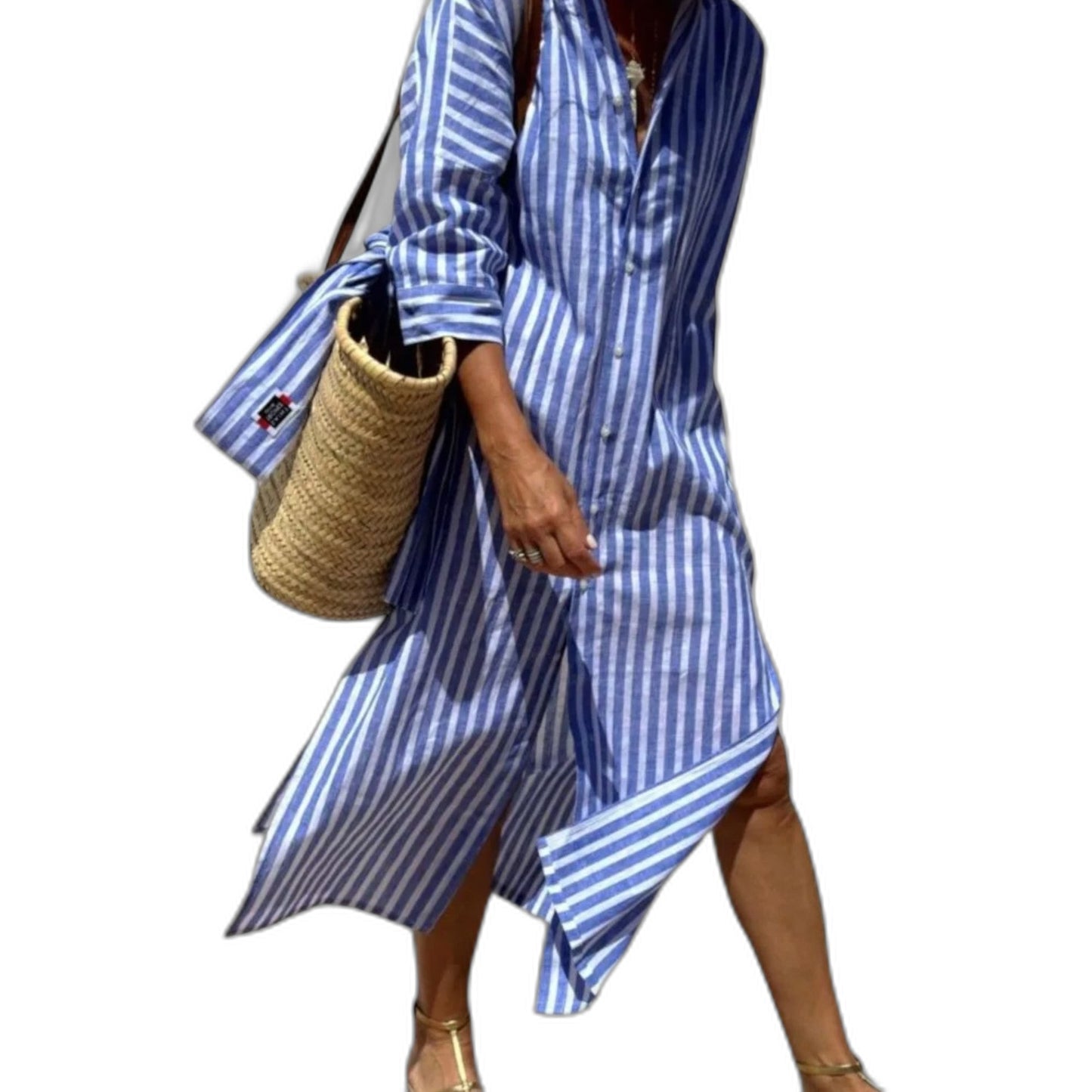 Effortless Striped Midi Dress for Women with Collared Long Sleeve Button Front Flowing Casual Style