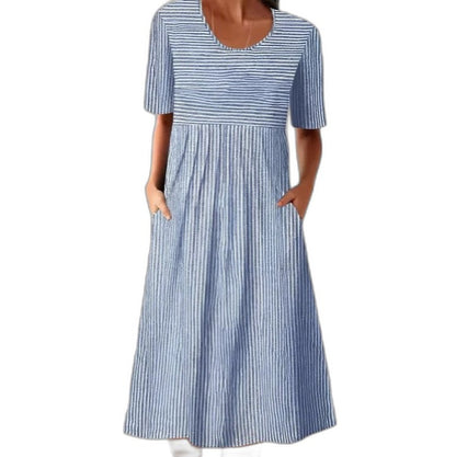 Effortless Striped Midi Dress for Women with Crew Neck Short Sleeve Pleated Flowing Pockets Casual Style