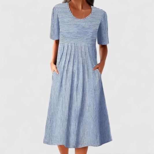 Effortless Striped Midi Dress for Women with Crew Neck Short Sleeve Pleated Flowing Pockets Casual Style