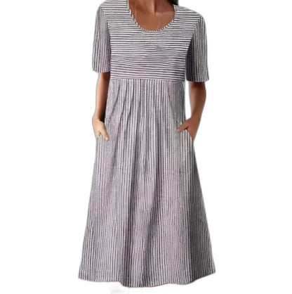 Effortless Striped Midi Dress for Women with Crew Neck Short Sleeve Pleated Flowing Pockets Casual Style