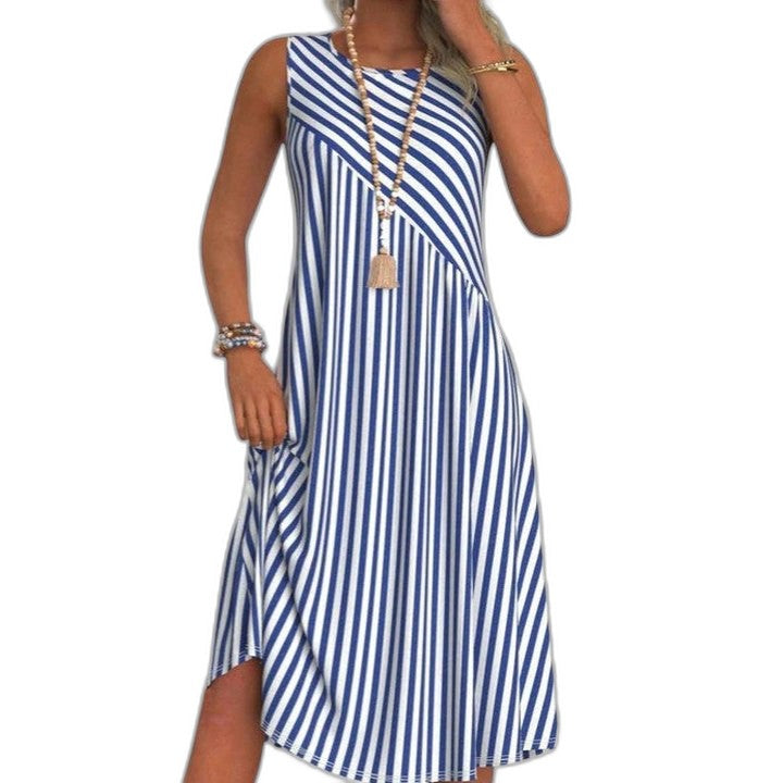 Effortless Striped Midi Dress for Women with Crew Neck Sleeveless A Line Flowing Casual Style