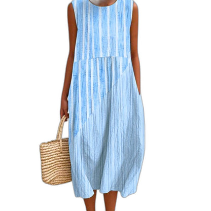 Effortless Striped Midi Dress for Women with Crew Neck Sleeveless Tiered Flowing Casual Style