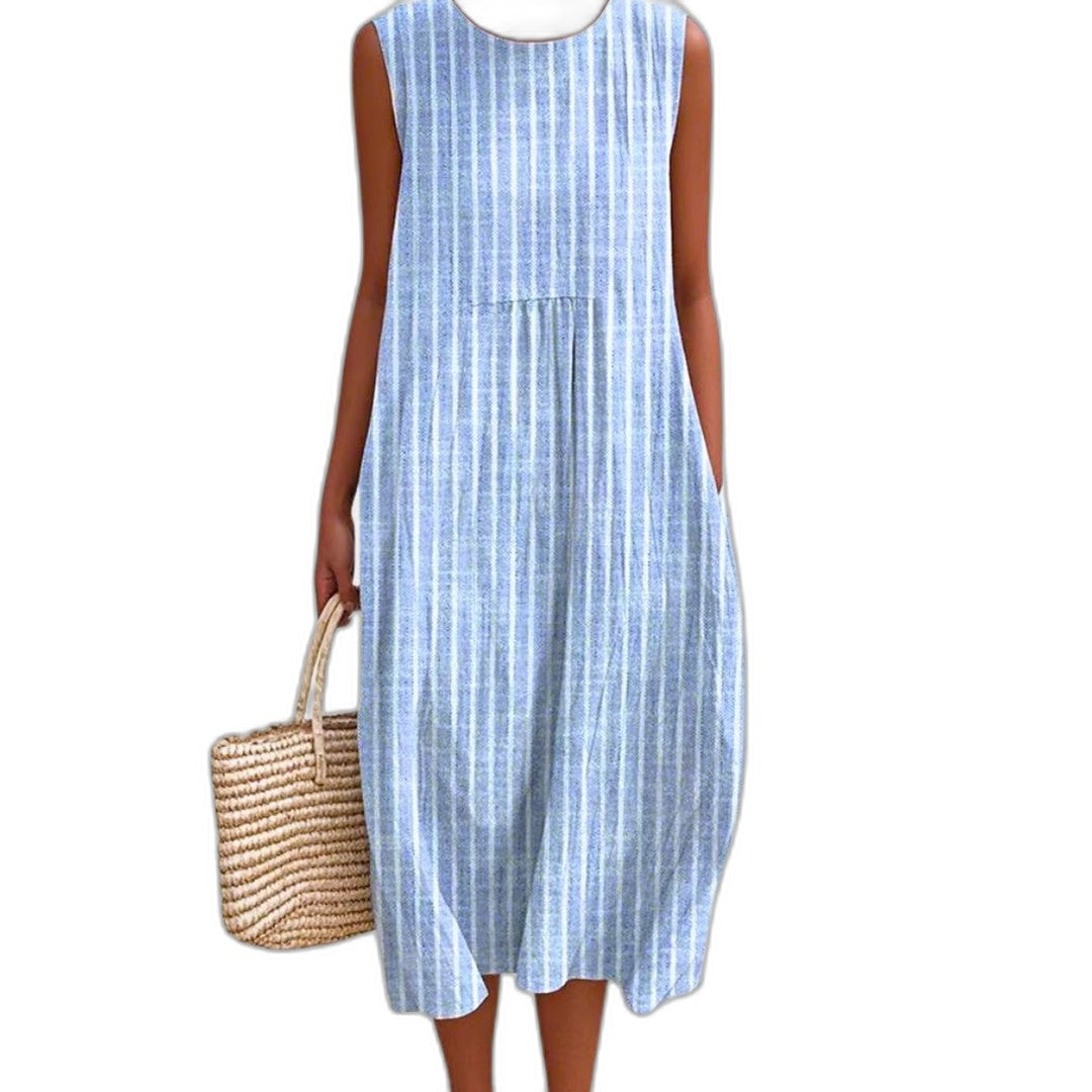 Effortless Striped Midi Dress for Women with Crew Neck Sleeveless Tiered Flowing Casual Style
