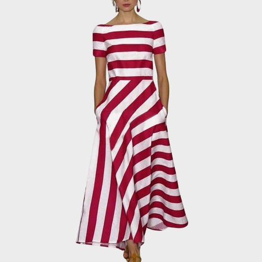 Effortless Striped Midi Dress for Women with Off Shoulder Short Sleeve A Line Fit And Flare Casual Style