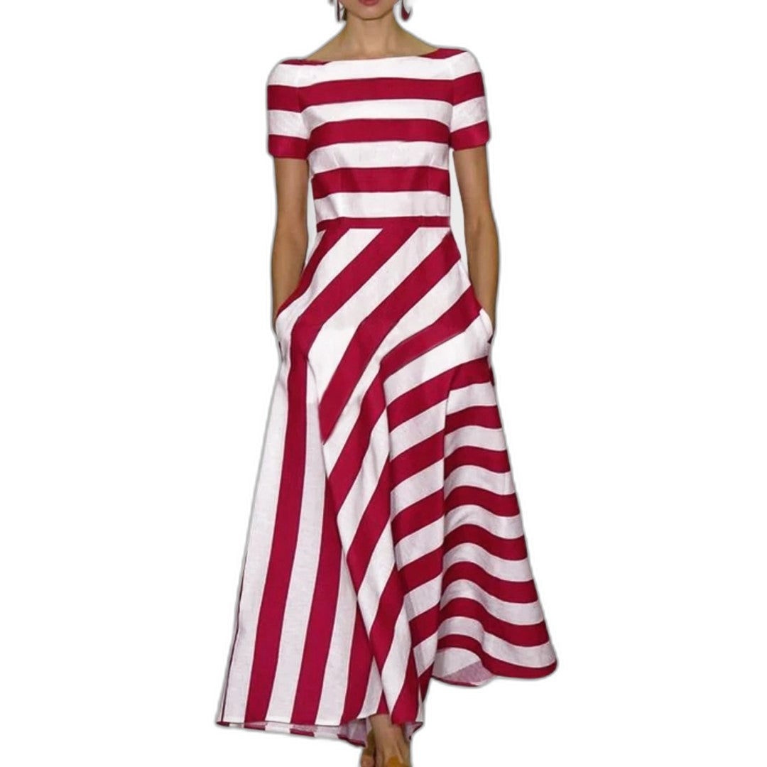 Effortless Striped Midi Dress for Women with Off Shoulder Short Sleeve A Line Fit And Flare Casual Style