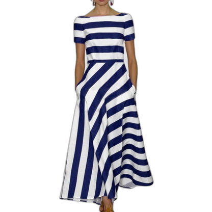 Effortless Striped Midi Dress for Women with Off Shoulder Short Sleeve A Line Fit And Flare Casual Style