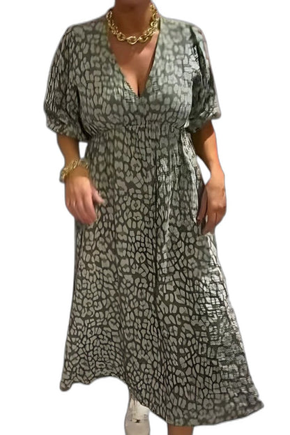 Effortless Striped Midi Dress for Women with V Neck Puff Sleeve Flowing Casual Style