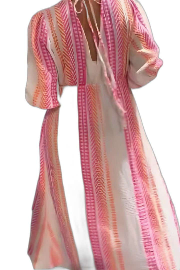 Effortless Striped Midi Dress for Women with V Neck Puff Sleeve Flowing Casual Style
