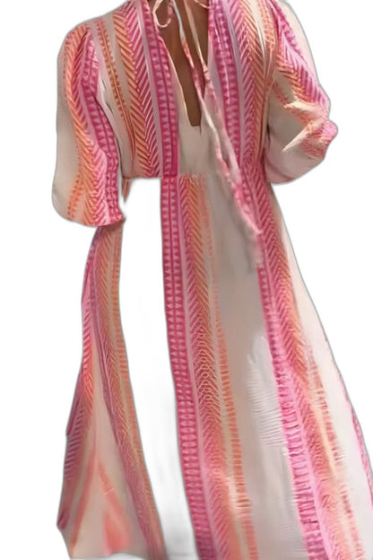 Effortless Striped Midi Dress for Women with V Neck Puff Sleeve Flowing Casual Style