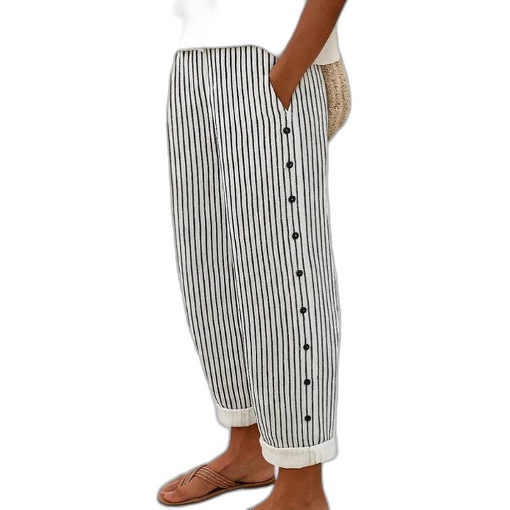 Effortless Striped Pants for Women with Button Front High Waisted Casual Style