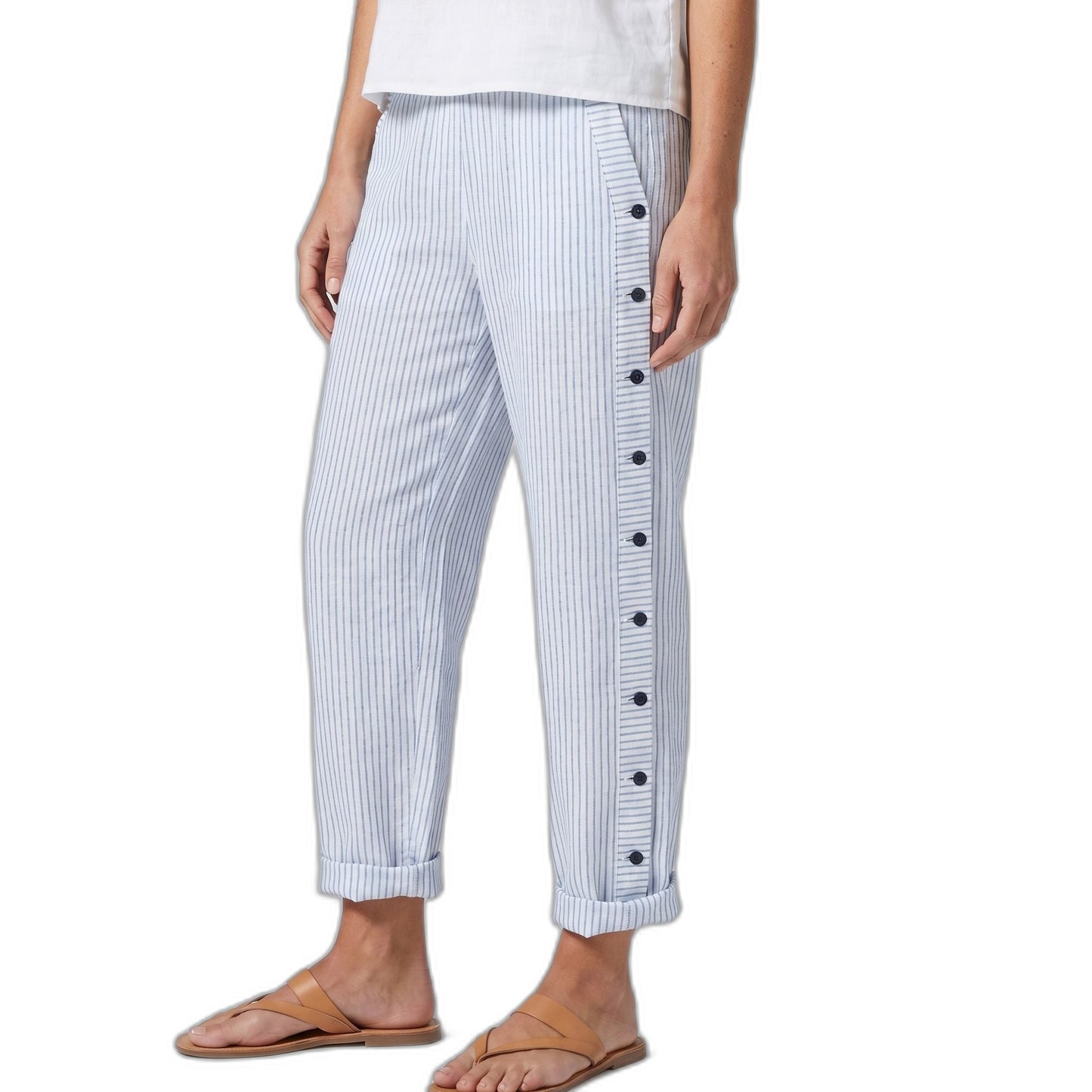 Effortless Striped Pants for Women with Button Front High Waisted Cropped Straight Leg Casual Style