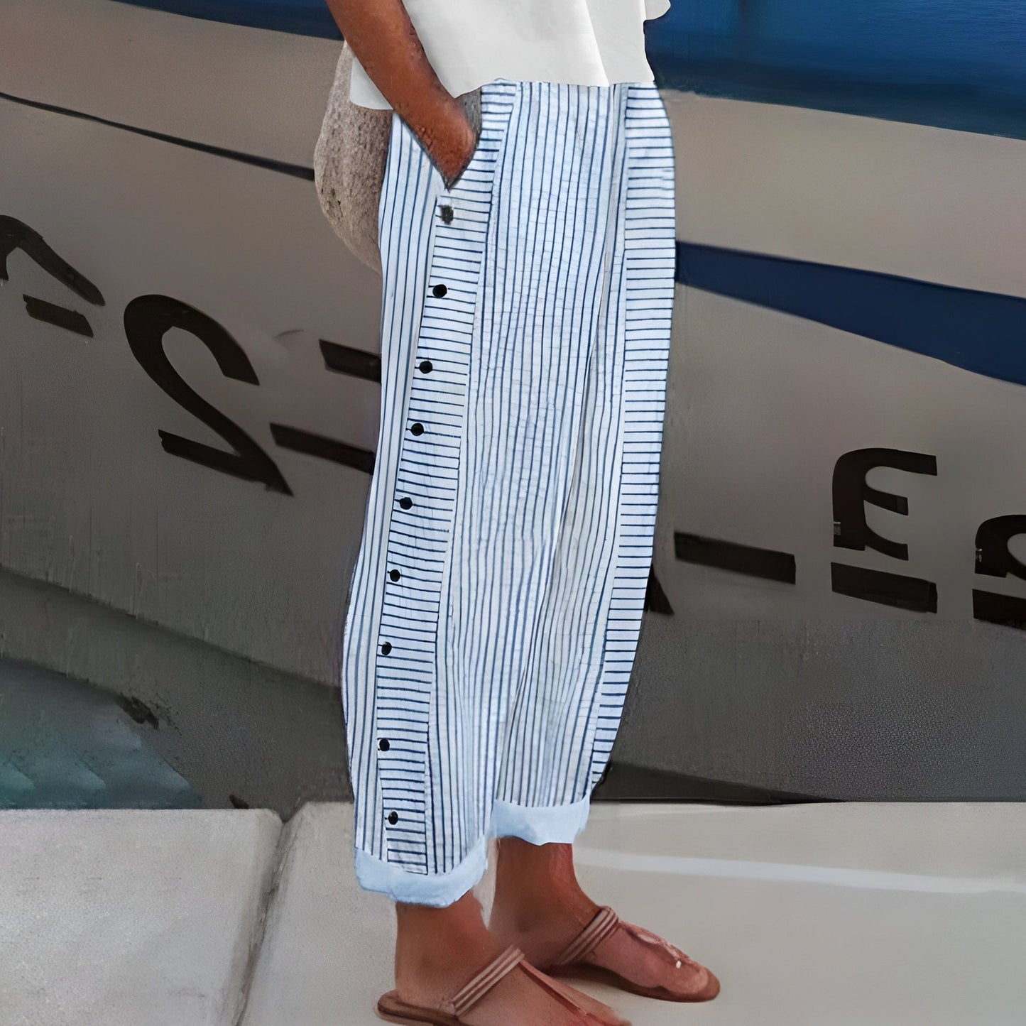 Effortless Striped Pants for Women with Button Front High Waisted Cropped Straight Leg Casual Style