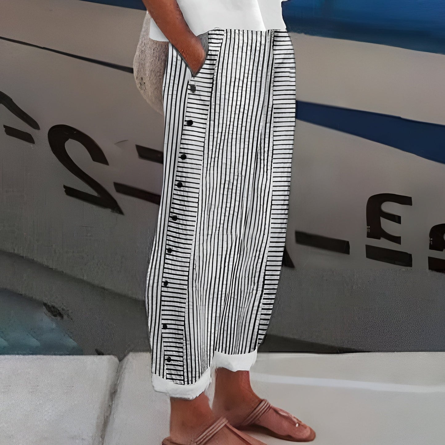 Effortless Striped Pants for Women with Button Front High Waisted Cropped Straight Leg Casual Style