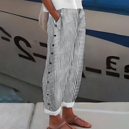Effortless Striped Pants for Women with Button Front High Waisted Cropped Straight Leg Casual Style