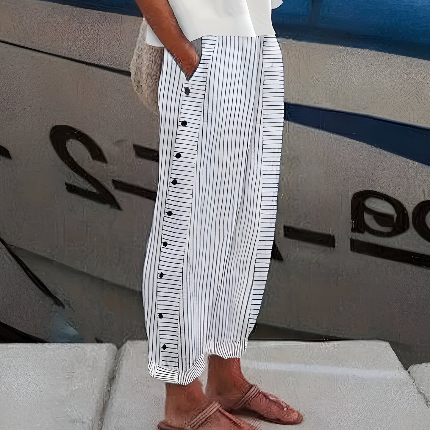 Effortless Striped Pants for Women with Button Front High Waisted Cropped Straight Leg Casual Style