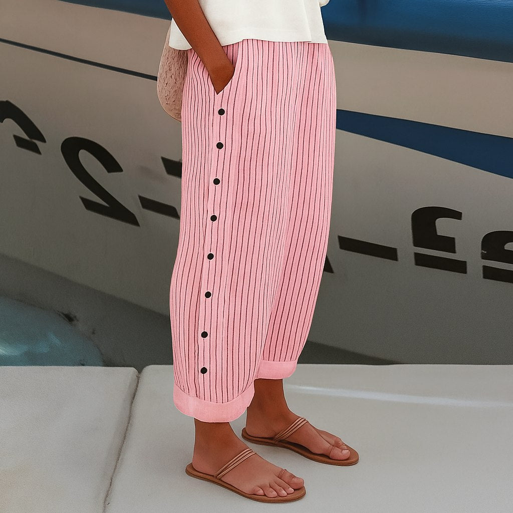 Effortless Striped Pants for Women with Button Front High Waisted Cropped Straight Leg Casual Style