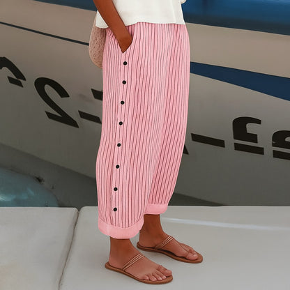 Effortless Striped Pants for Women with Button Front High Waisted Cropped Straight Leg Casual Style