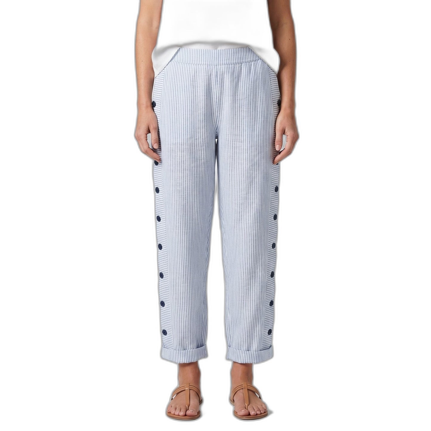 Effortless Striped Pants for Women with Button Front High Waisted Cropped Straight Leg Casual Style