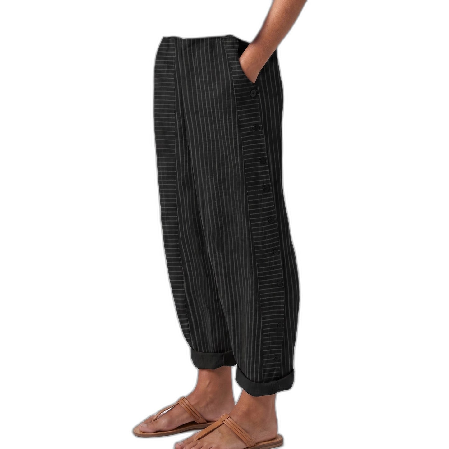 Effortless Striped Pants for Women with Button Front High Waisted Cropped Straight Leg Casual Style