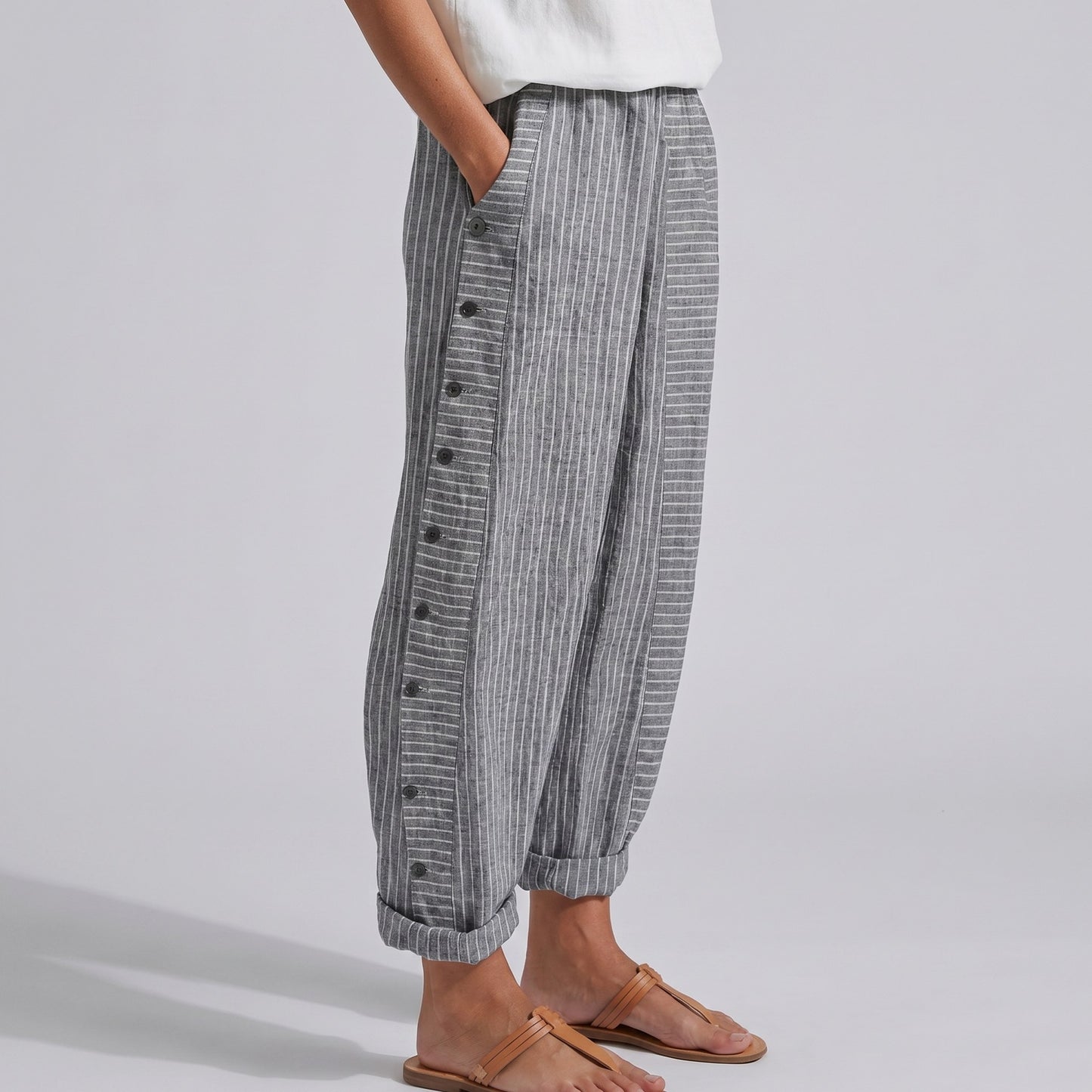 Effortless Striped Pants for Women with Button Front High Waisted Cropped Straight Leg Casual Style