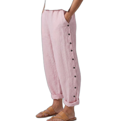 Effortless Striped Pants for Women with Button Front High Waisted Cropped Straight Leg Casual Style
