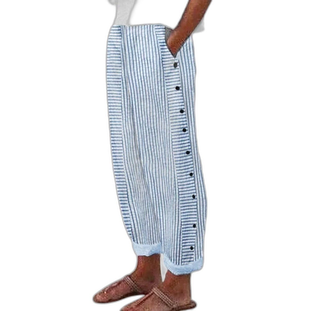 Effortless Striped Pants for Women with Button Front High Waisted Wide Leg Casual Style