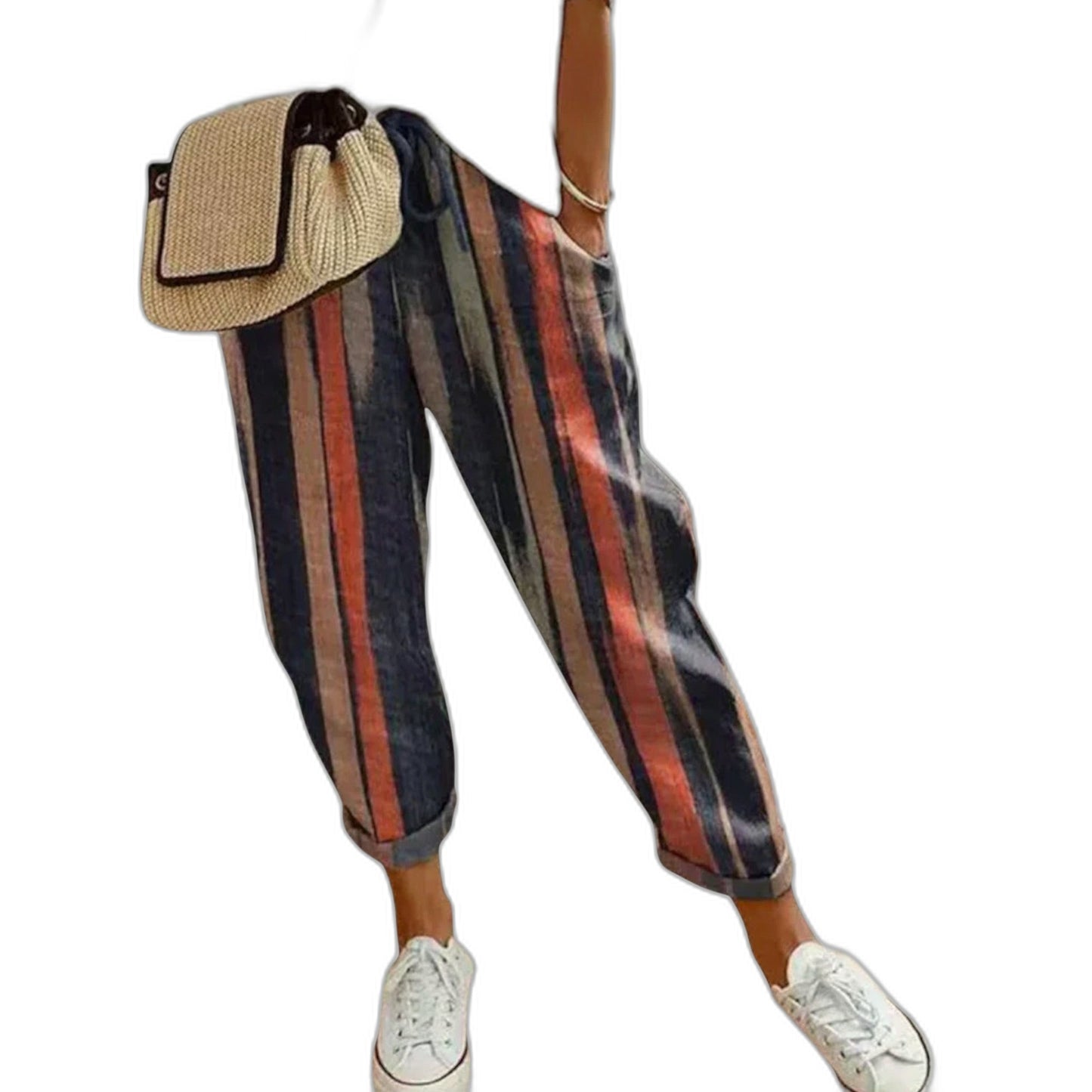 Effortless Striped Pants for Women with Cotton High Waisted Cropped Casual Style