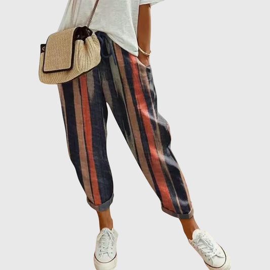 Effortless Striped Pants for Women with Cotton High Waisted Cropped Casual Style