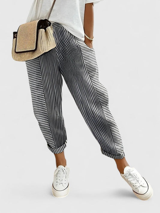 Effortless Striped Pants for Women with High Waisted Pockets Casual Style