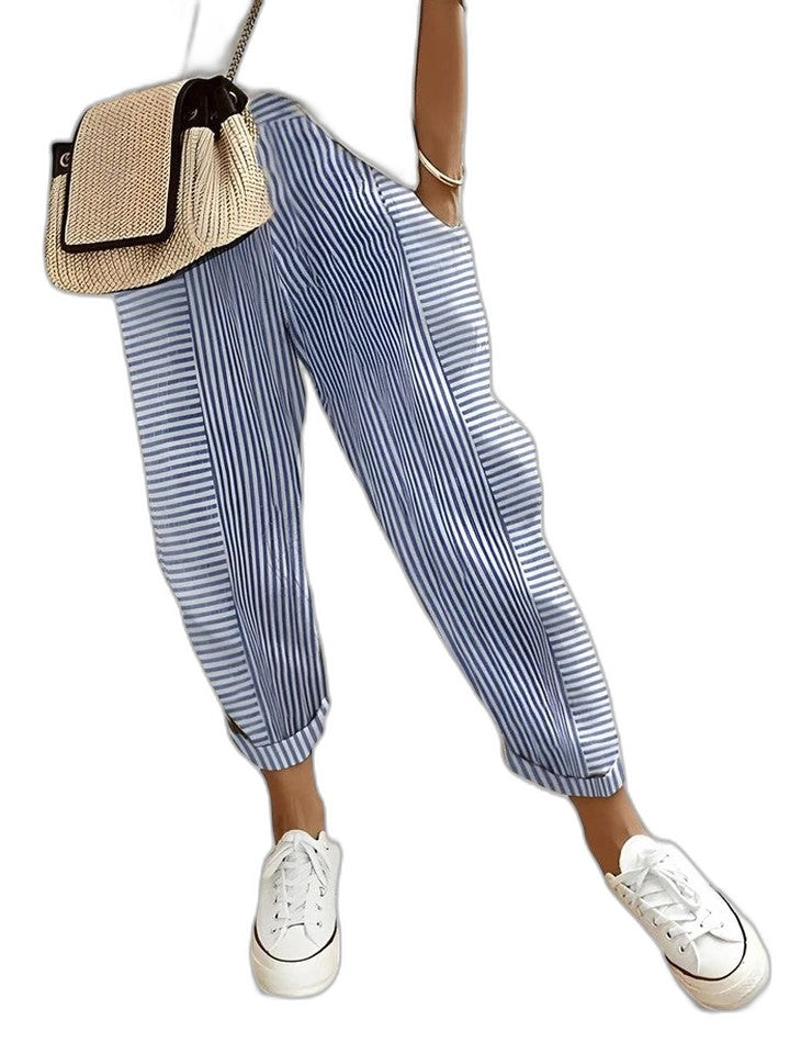 Effortless Striped Pants for Women with High Waisted Pockets Casual Style