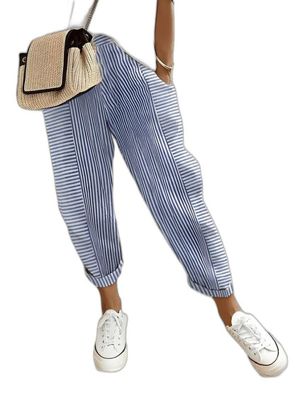 Effortless Striped Pants for Women with High Waisted Pockets Casual Style