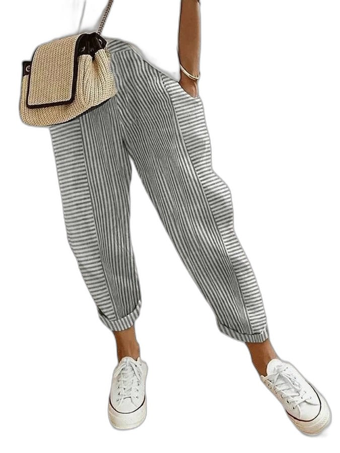 Effortless Striped Pants for Women with High Waisted Pockets Casual Style