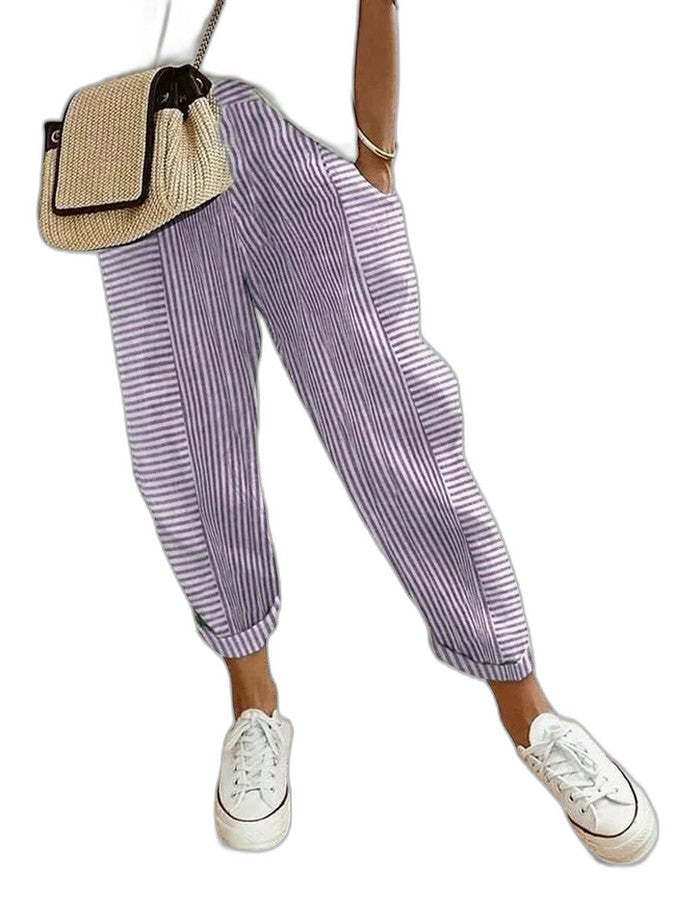 Effortless Striped Pants for Women with High Waisted Pockets Casual Style