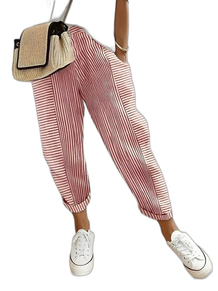 Effortless Striped Pants for Women with High Waisted Pockets Casual Style