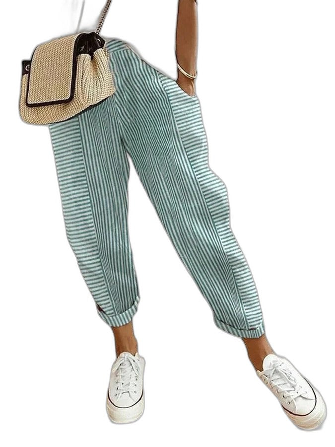Effortless Striped Pants for Women with High Waisted Pockets Casual Style