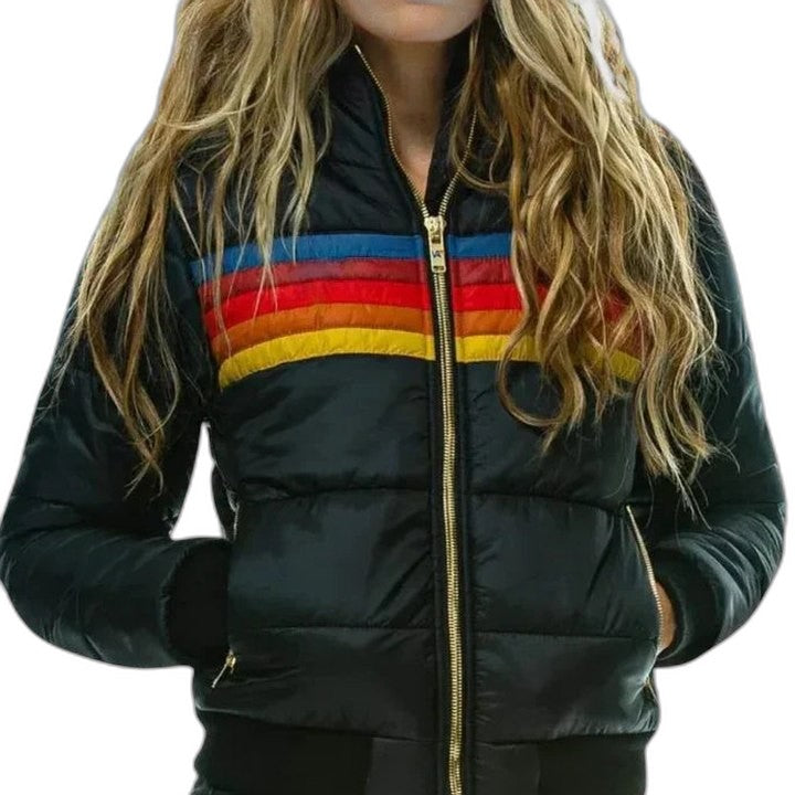 Effortless Striped Puffer Jacket for Women with Long Sleeve Pockets Casual Style