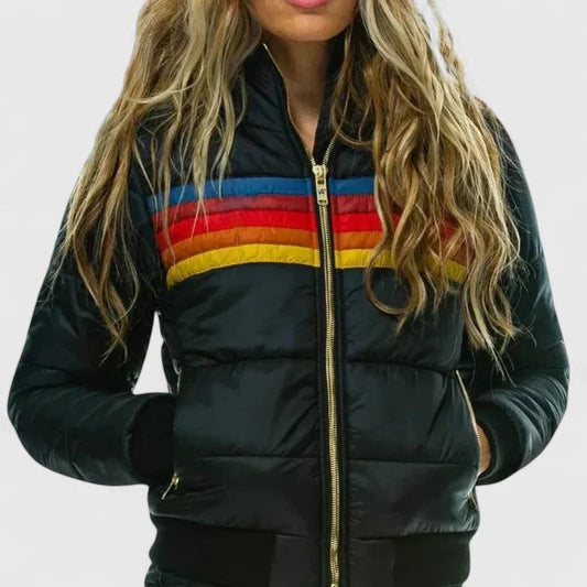 Effortless Striped Puffer Jacket for Women with Long Sleeve Pockets Casual Style