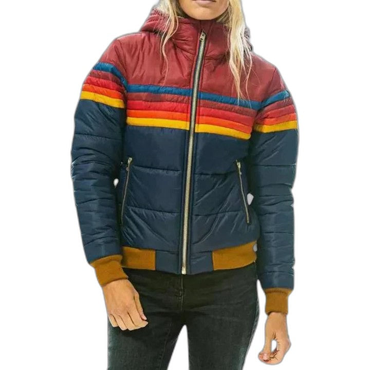 Effortless Striped Puffer Jacket for Women with Long Sleeve Pockets Casual Style