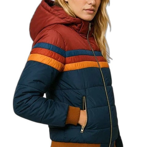Effortless Striped Puffer Jacket for Women with Long Sleeve Pockets Casual Style