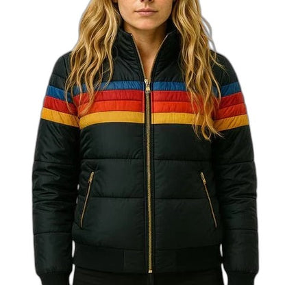 Effortless Striped Puffer Jacket for Women with Long Sleeve Pockets Casual Style