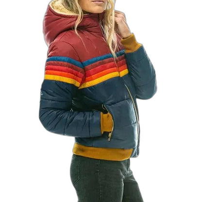 Effortless Striped Puffer Jacket for Women with Long Sleeve Pockets Casual Style